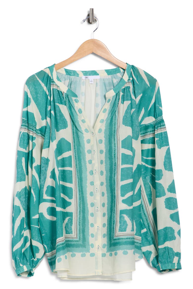 Border Print Button-Up Shirt, Alternate, color, DUSTY TEAL