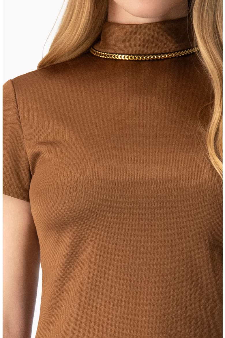 Side-Slit High-Neck Short Sleeve Blouse, Alternate, color, Camel
