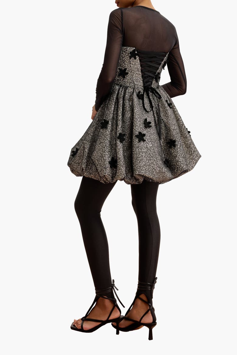 Sequin Balloon-Hem Mini Dress With Crochet Florals, Alternate, color, Black