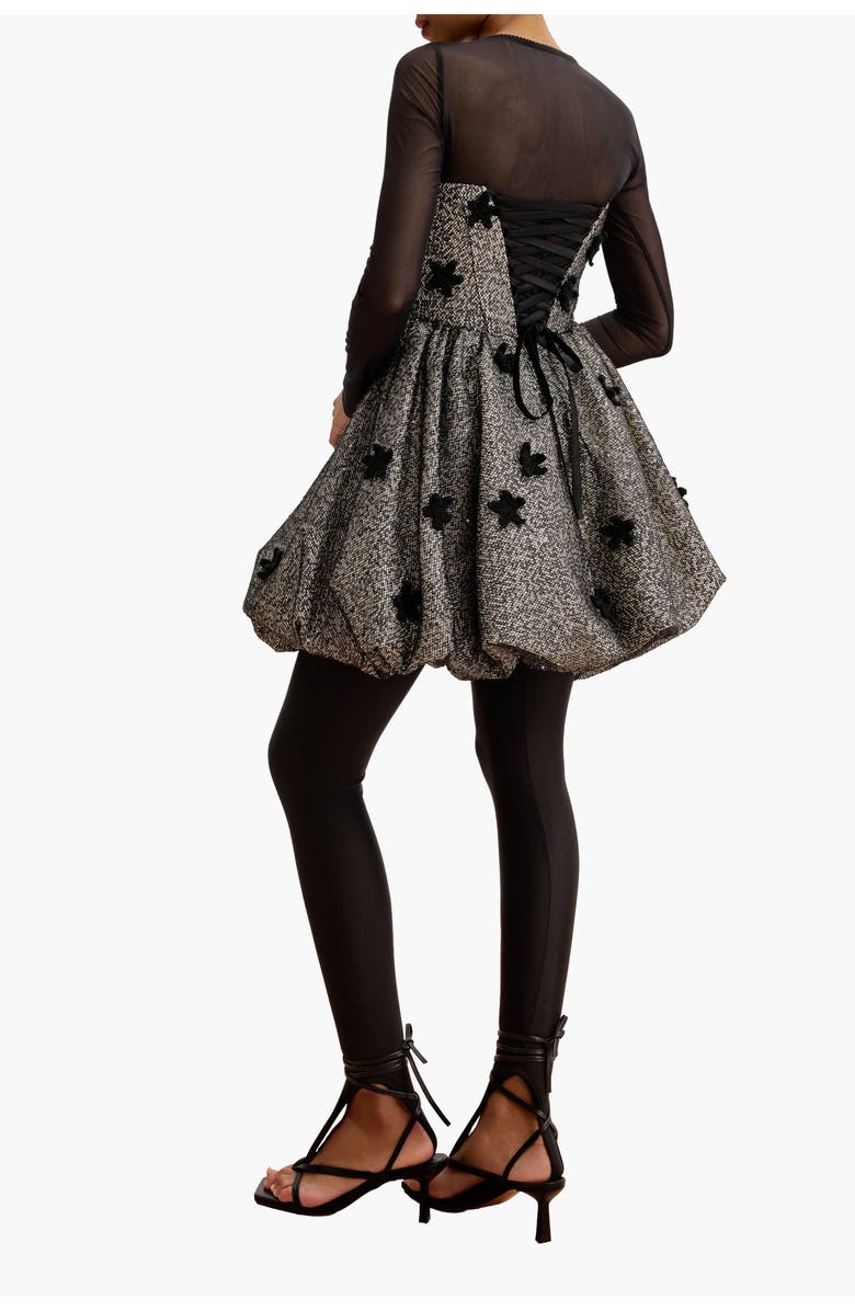 Malva Florea Sequin Balloon-Hem Mini Dress With Crochet Florals, Alternate, color, Black