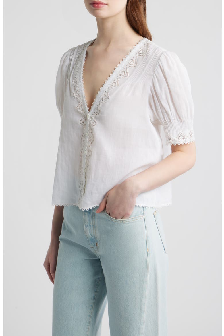 Brigitta Lace Trim V-Neck Ramie Top, Alternate, color, SALT