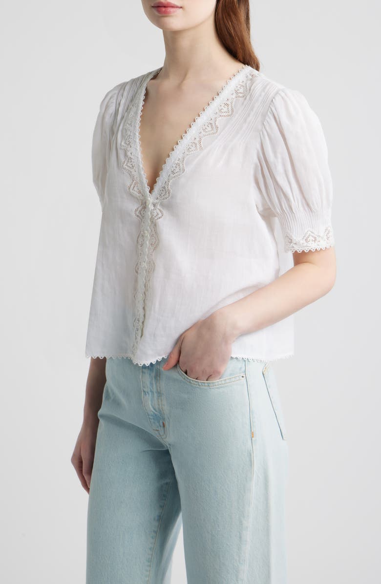 DÔEN Brigitta Lace Trim V-Neck Ramie Top, Alternate, color, Salt