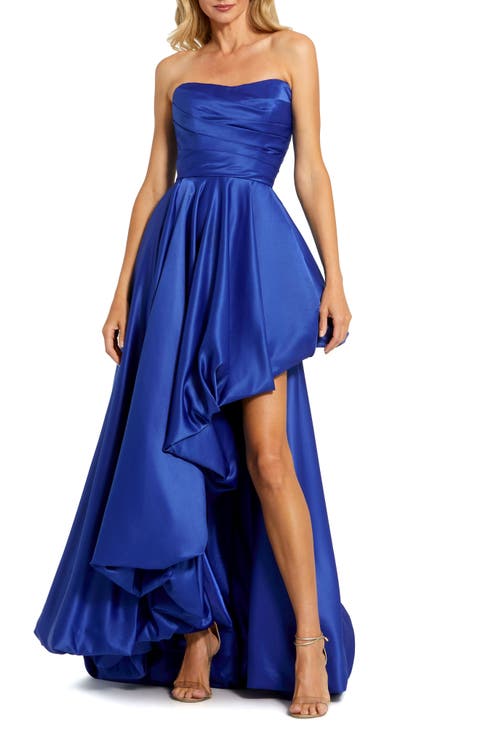 Asymmetrical High Low Strapless Ruched Gown