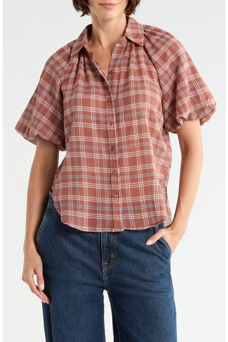 Plaid Bubble Sleeve Shirt, Main, color, RUST/ BROWN/ IVORY PLAID