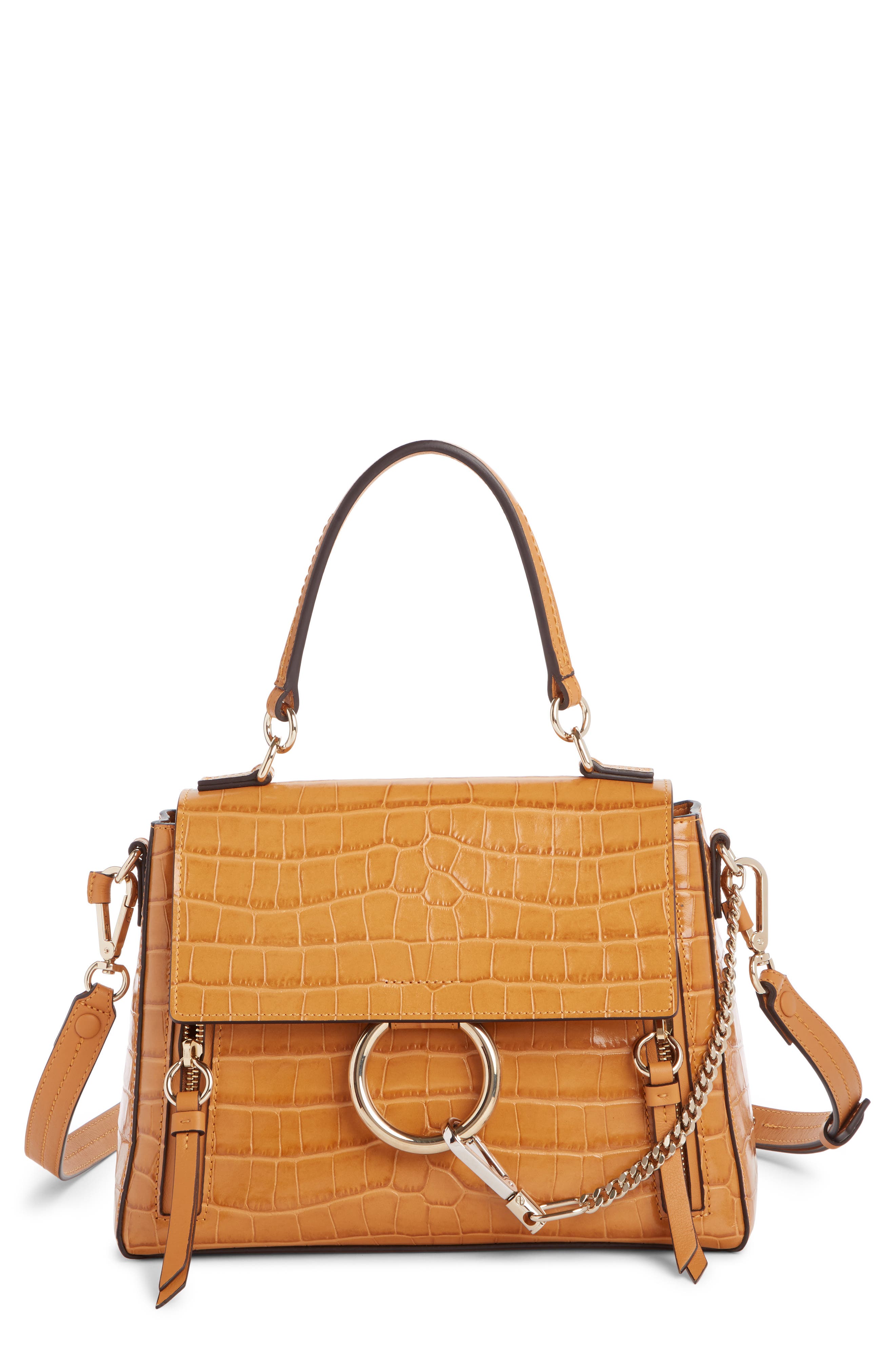 Medium Faye Day Croc Embossed Leather Shoulder Bag, Main, color, AUTUMNAL BROWN