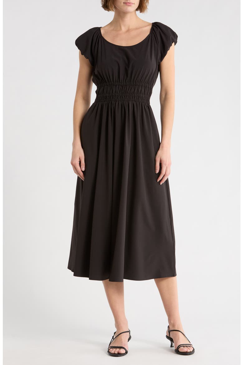 Puff Sleeve Fit & Flare Midi Dress, Main, color, BLACK