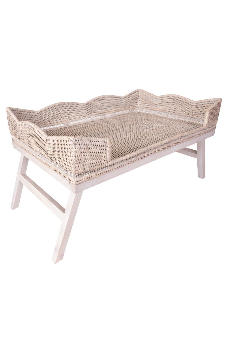 Scalloped Rattan Breakfast Tray with Wooden Legs, Main, color, White Wash