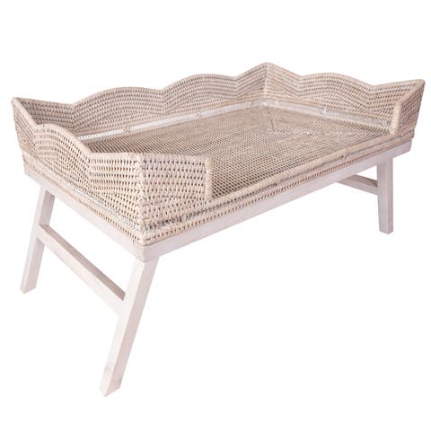 Artifacts Rattan Scallop Design Breakfast Tray with Wooden Legs