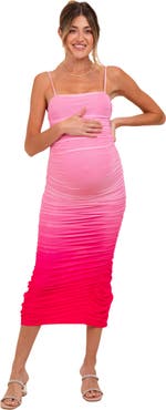 PinkBlush Mesh Ombre Ruched Midi Dress