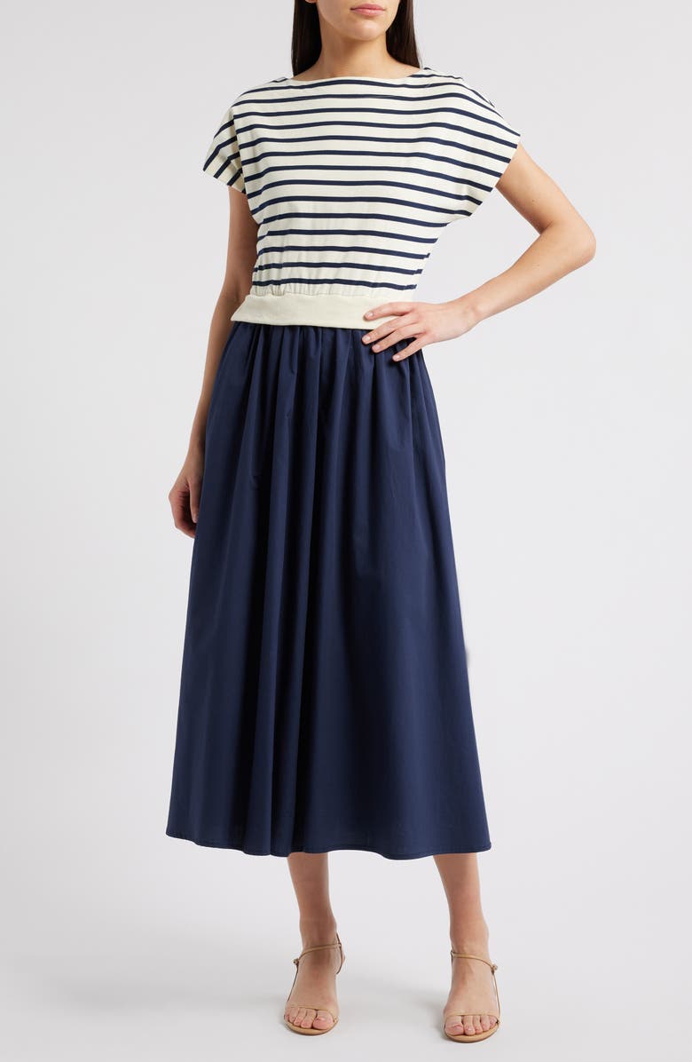 ZOE AND CLAIRE Twofer Stripe Cotton Midi Dress, Main, color, 