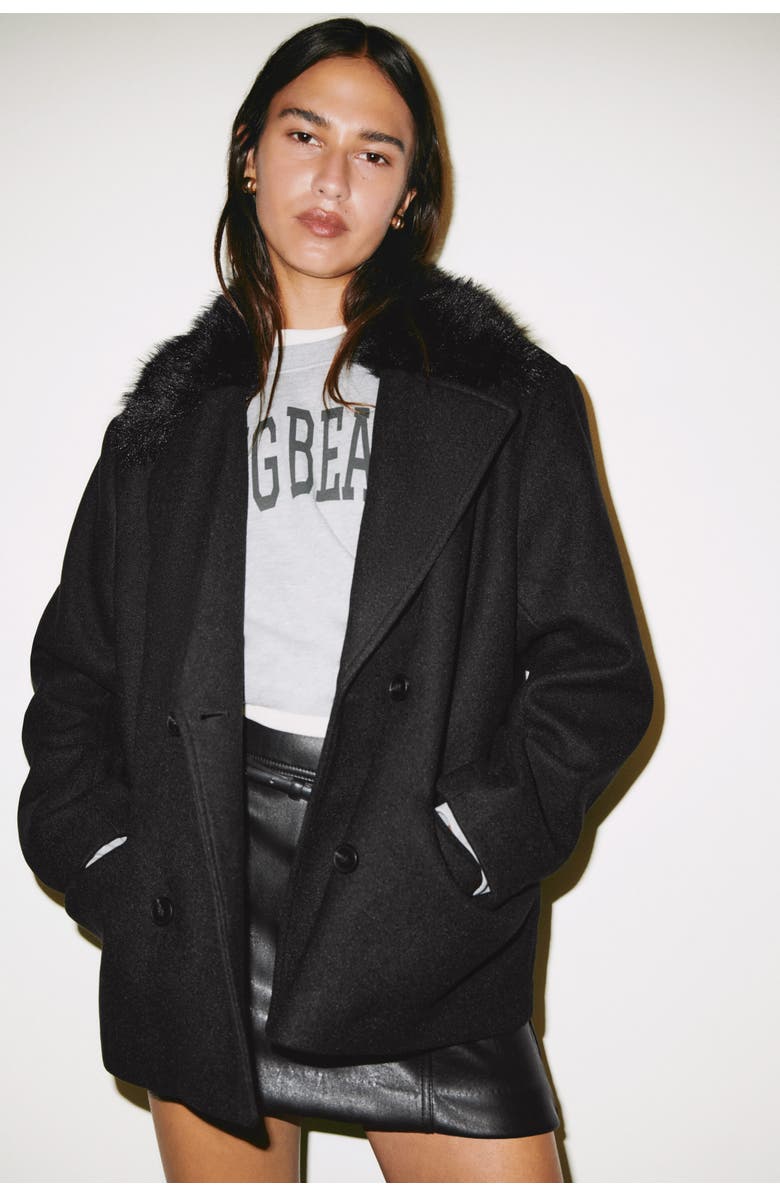 H&M Fluffy-collared Pea Coat, Alternate, color, Black