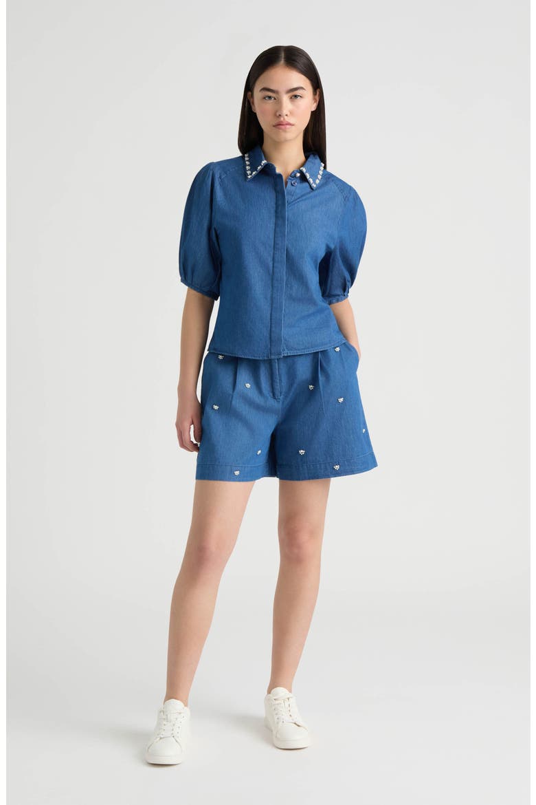 Faux Pearl Beaded Denim Shorts, Alternate, color, DENIM BLUE