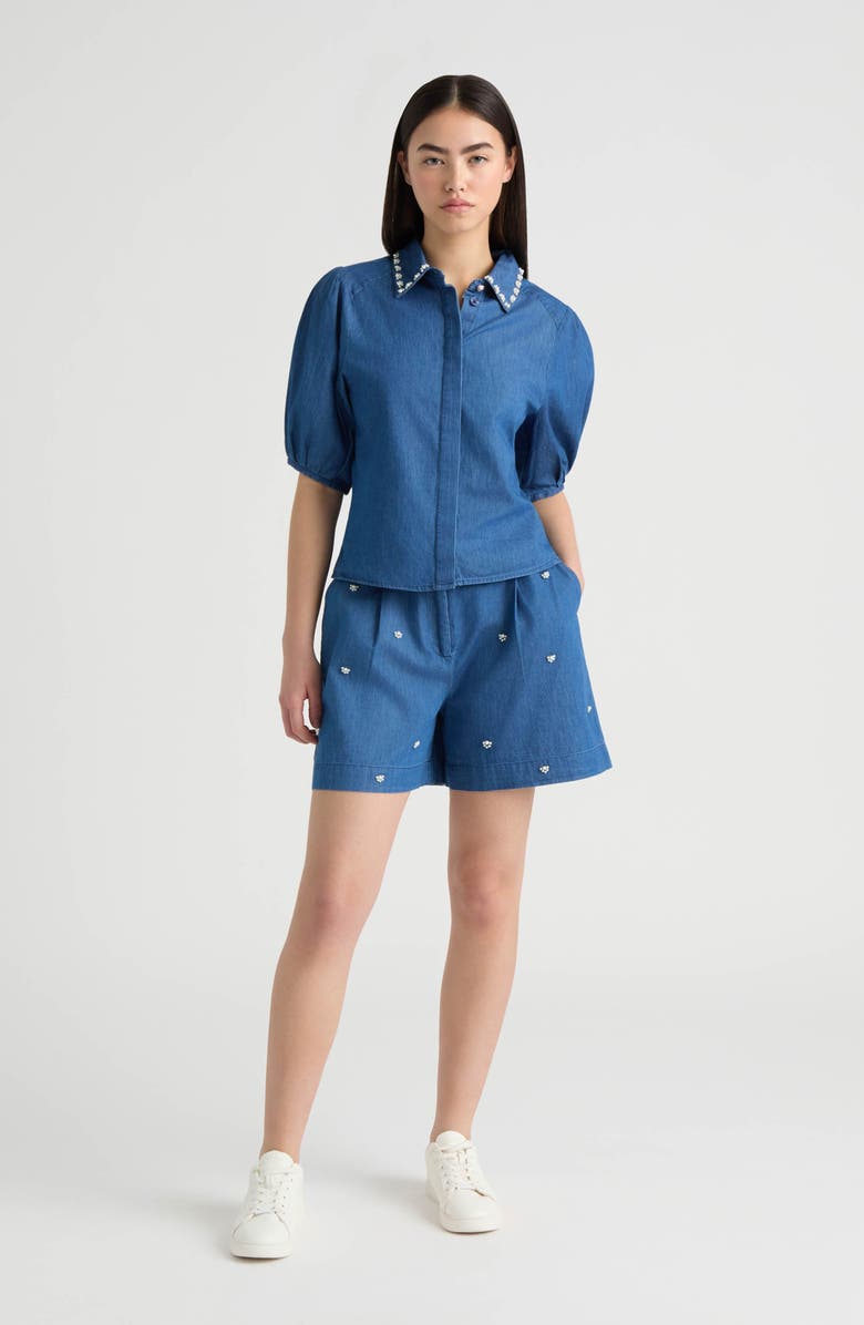 NVLT Faux Pearl Beaded Denim Shorts, Alternate, color, Denim Blue