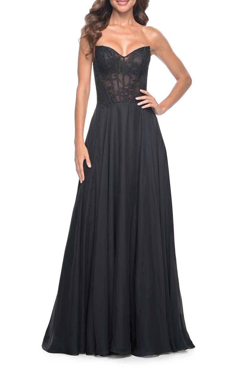 Strapless Chiffon Prom Gown with Lace Illusion Bodice, Main, color, Black