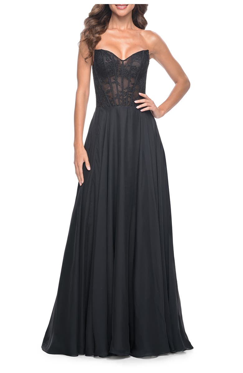 La Femme Strapless Chiffon Prom Gown with Lace Illusion Bodice, Main, color, Black