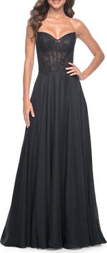 La Femme Strapless Chiffon Prom Gown with Lace Illusion Bodice
