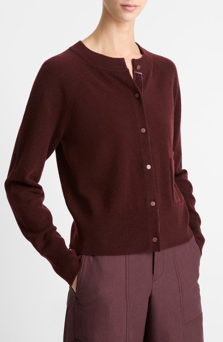 Vince Velvet Trim Wool & Cashmere Cardigan, Alternate, color, Black Rose