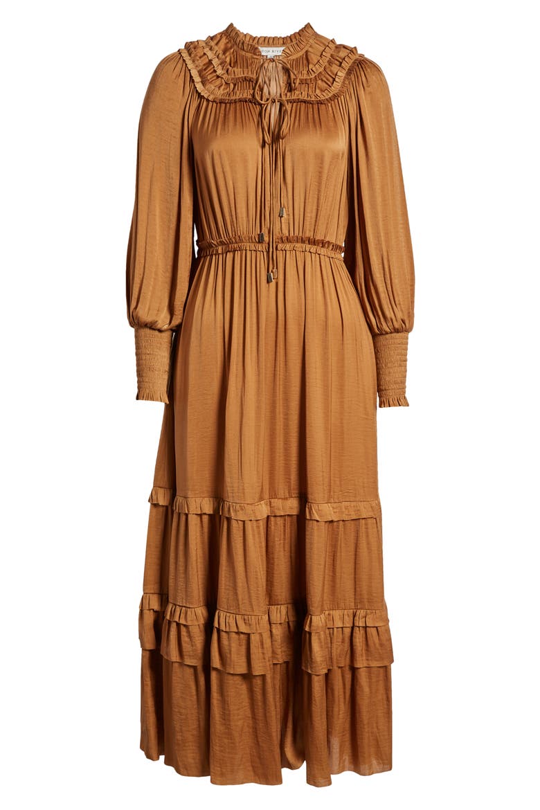Long Sleeve Crinkle Satin Tiered Maxi Dress, Alternate, color, BROWN