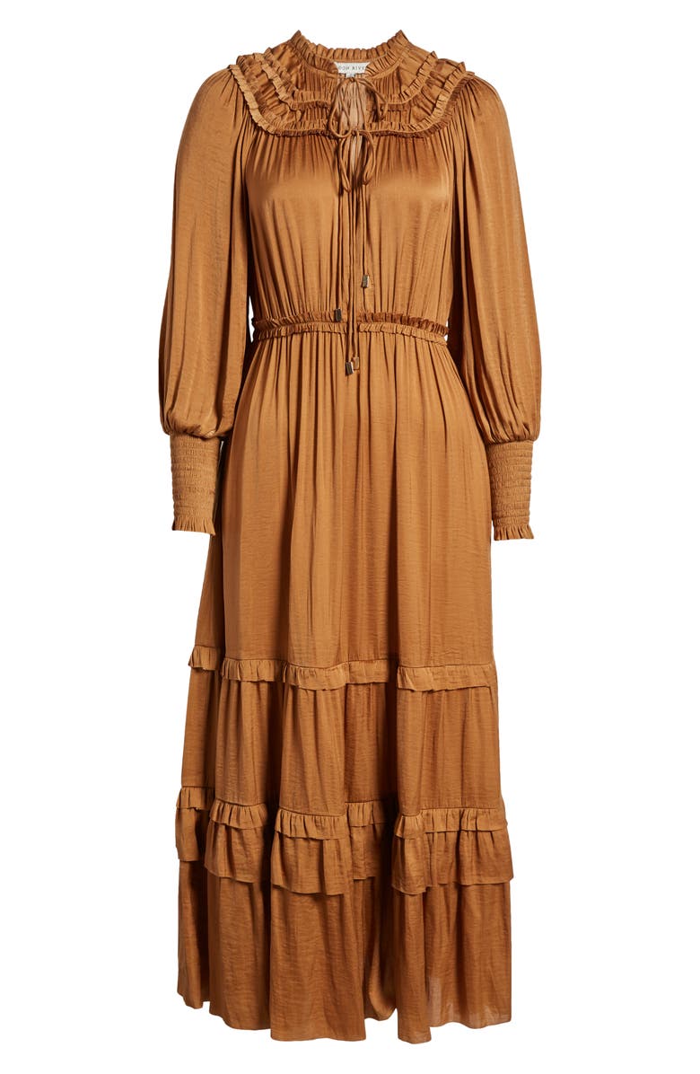 MOON RIVER Long Sleeve Crinkle Satin Tiered Maxi Dress, Alternate, color,