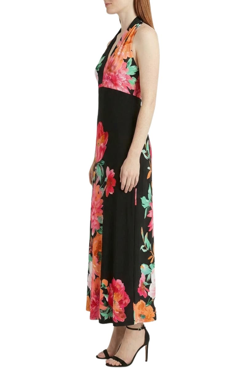 London Times Floral Print Halter Maxi Dress, Alternate, color, Black/ Coral