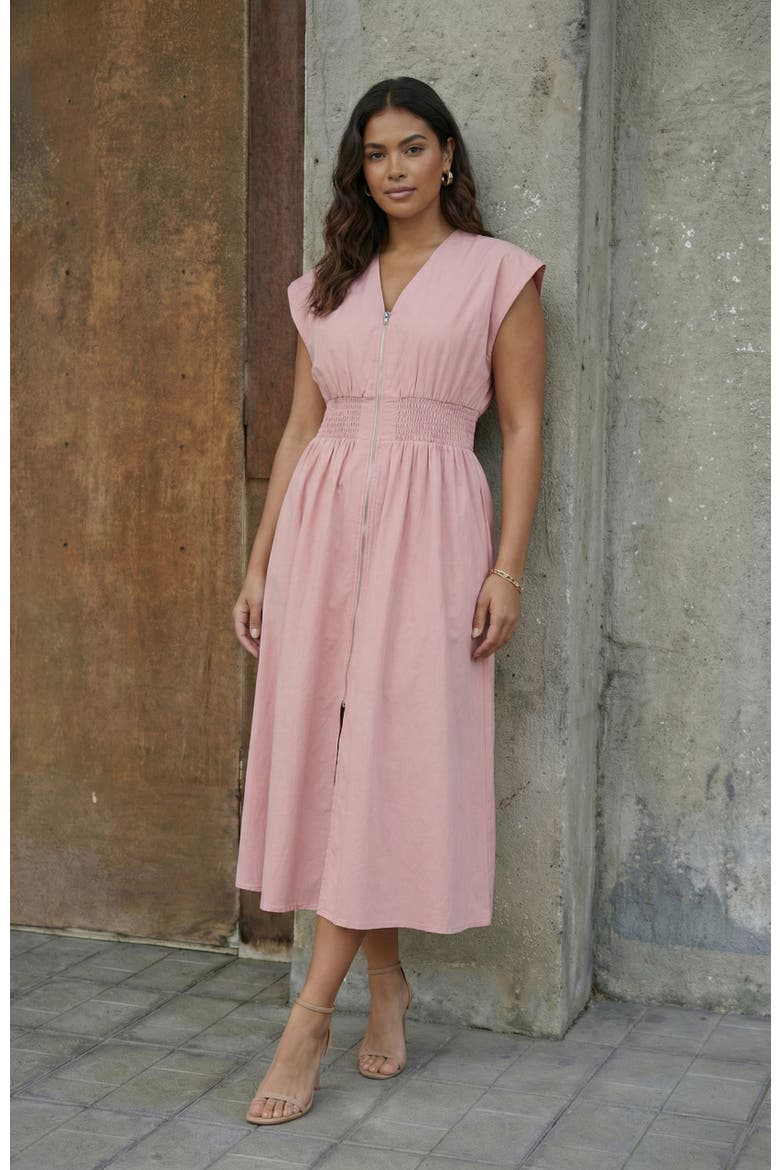 Cap Sleeve Smocked Front Zip Midi Dress, Alternate, color, Blush Pink