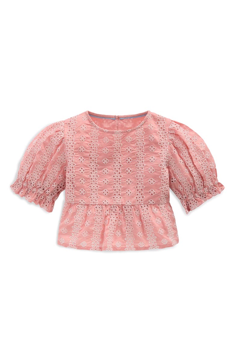 Mini Boden Kids' Floral Embroidered Peplum Top, Main, color, Almond Pink Broderie