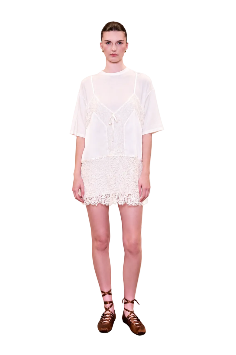 Daydreamers Mini T Shirt Dress With Lace And Satin Details, Alternate, color, white