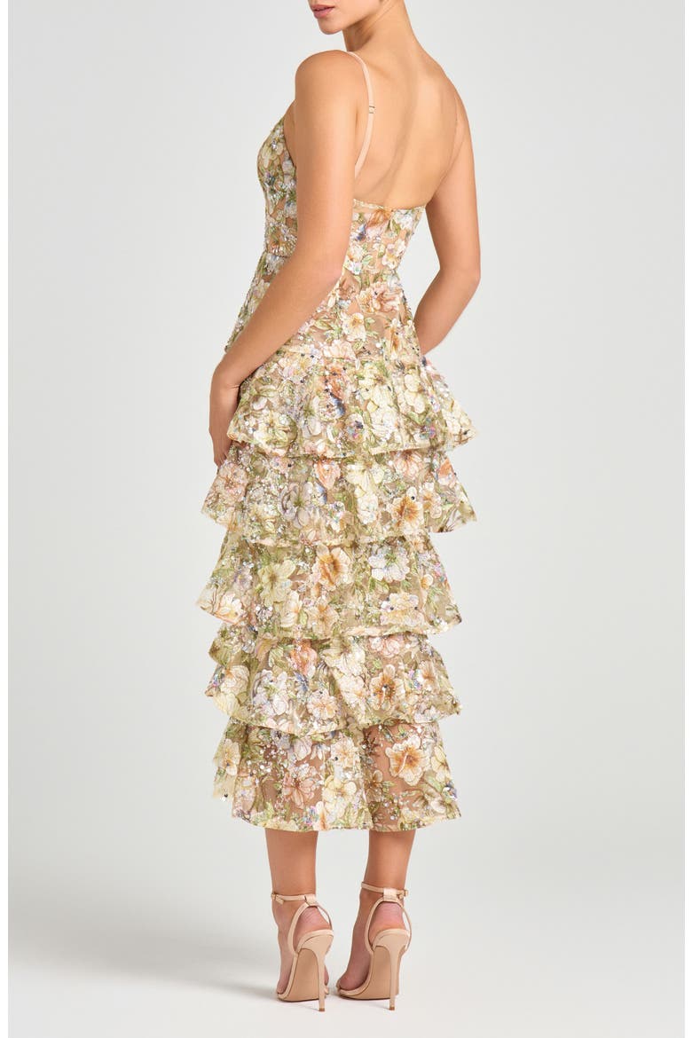 Saffron Beaded Floral Tiered Cocktail Midi Dress, Alternate, color, GREEN