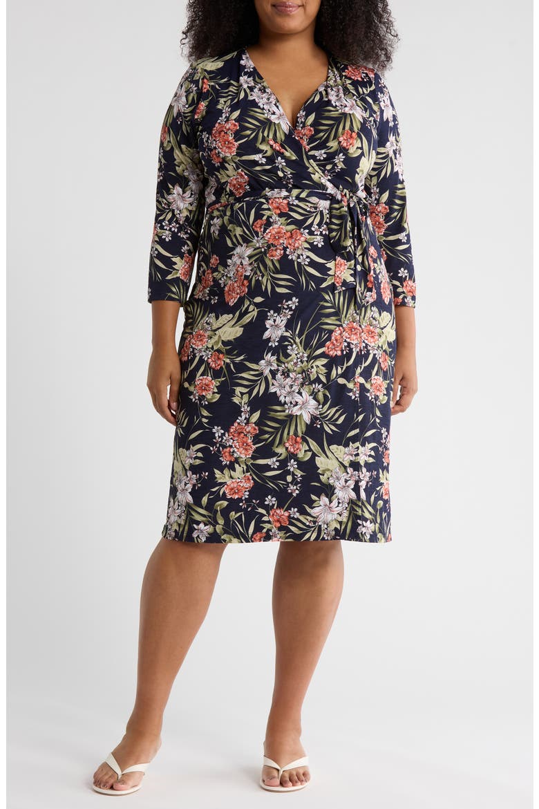 Floral Long Sleeve Jersey Wrap Dress, Main, color, NAVY