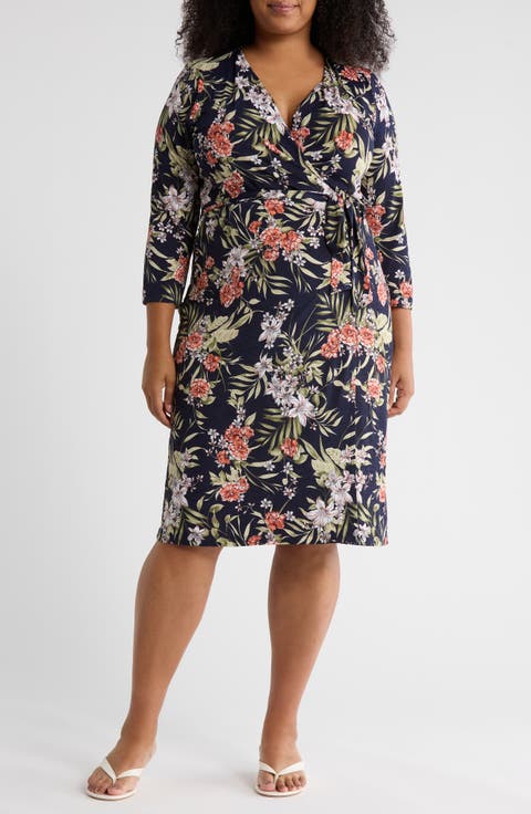 Floral Long Sleeve Jersey Wrap Dress (Plus)