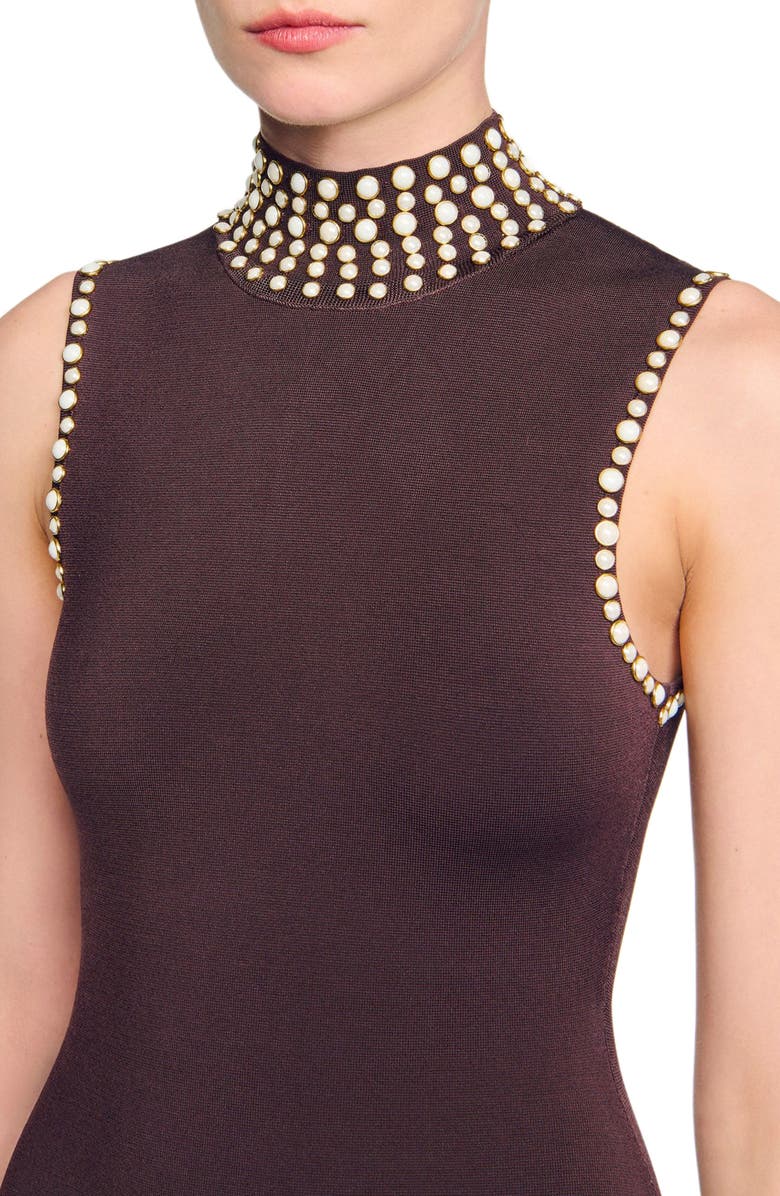 SANDRO Fringed knit midi dress, Alternate, color, Brown