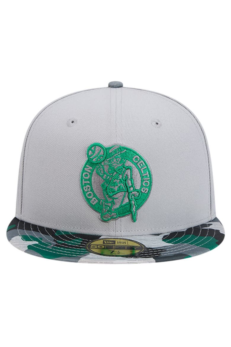 Men's New Era Gray Boston Celtics Active Color Camo Visor 59FIFTY Fitted Hat, Alternate, color, Gray