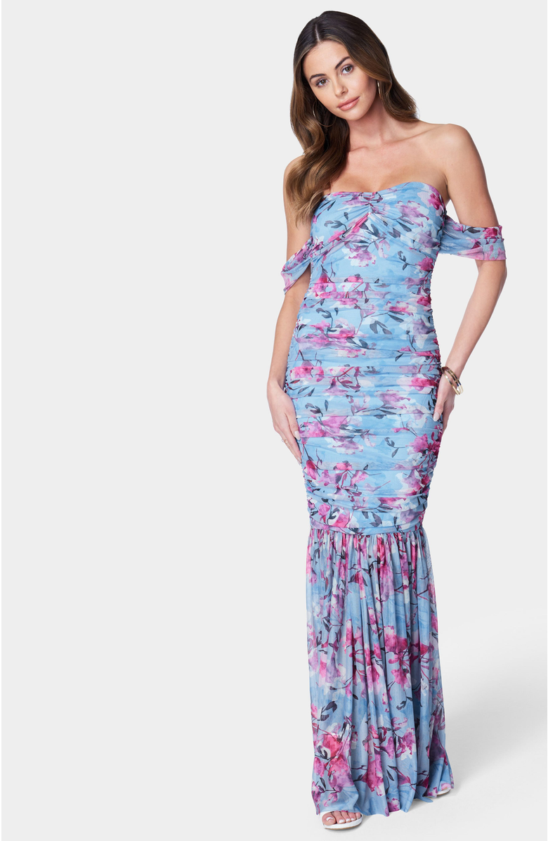 bebe Off Shoulder Ruched Mesh Gown, Main, color, Blue Multi