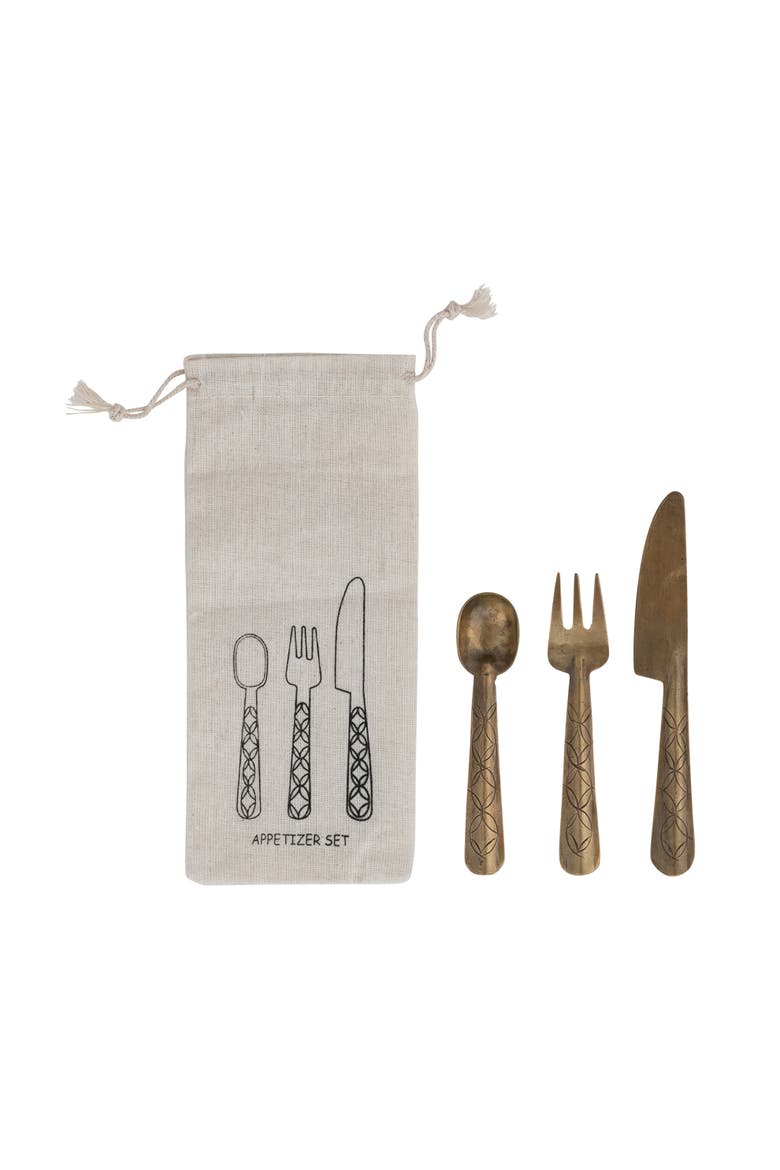 3-Piece Appetizer Utensils with Etched Handles, Main, color, Brass