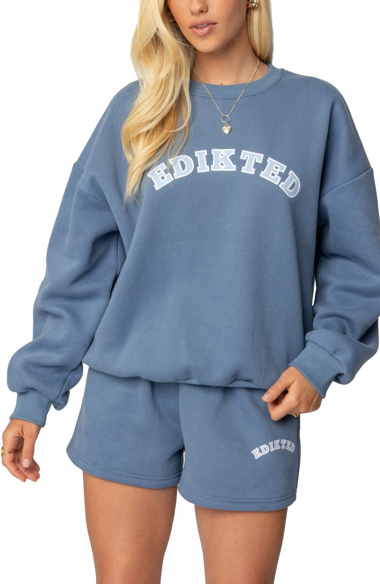 EDIKTED Beyond Cotton Graphic Sweatshirt, Main, color, Blue