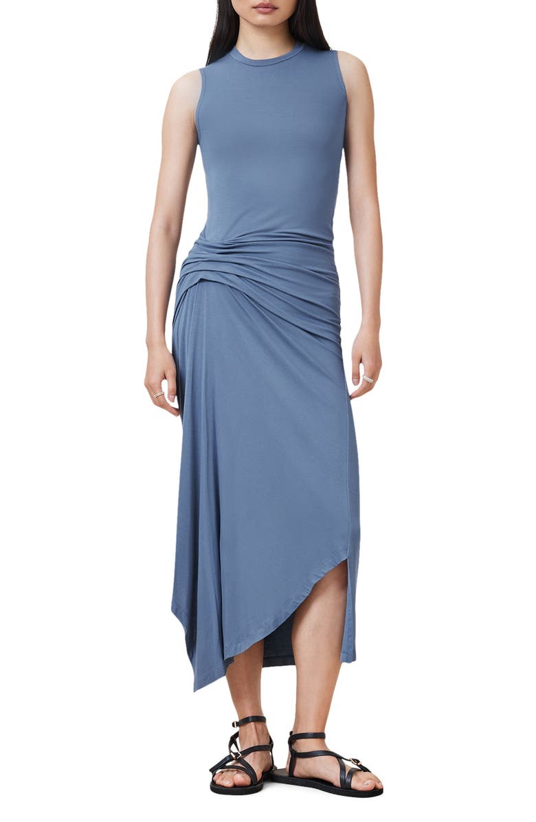 AllSaints Rivi Draped Sleeveless Midi Dress, Main, color, Flint Stone Blue