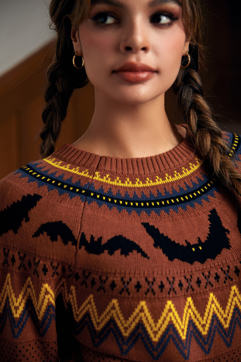 It Be Like Bat Fair Isle Halloween Sweater, Alternate, color, Orange Bats