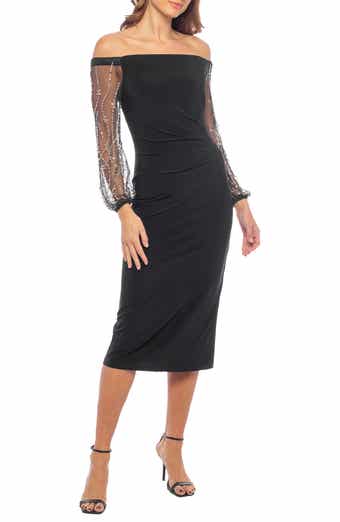 Marina Off the Shoulder Long Sleeve Beaded Midi Dress