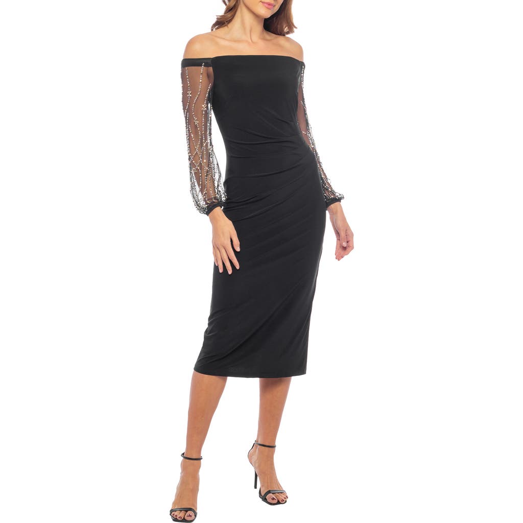 Marina Off The Shoulder Long Sleeve Beaded Midi Dress In Black