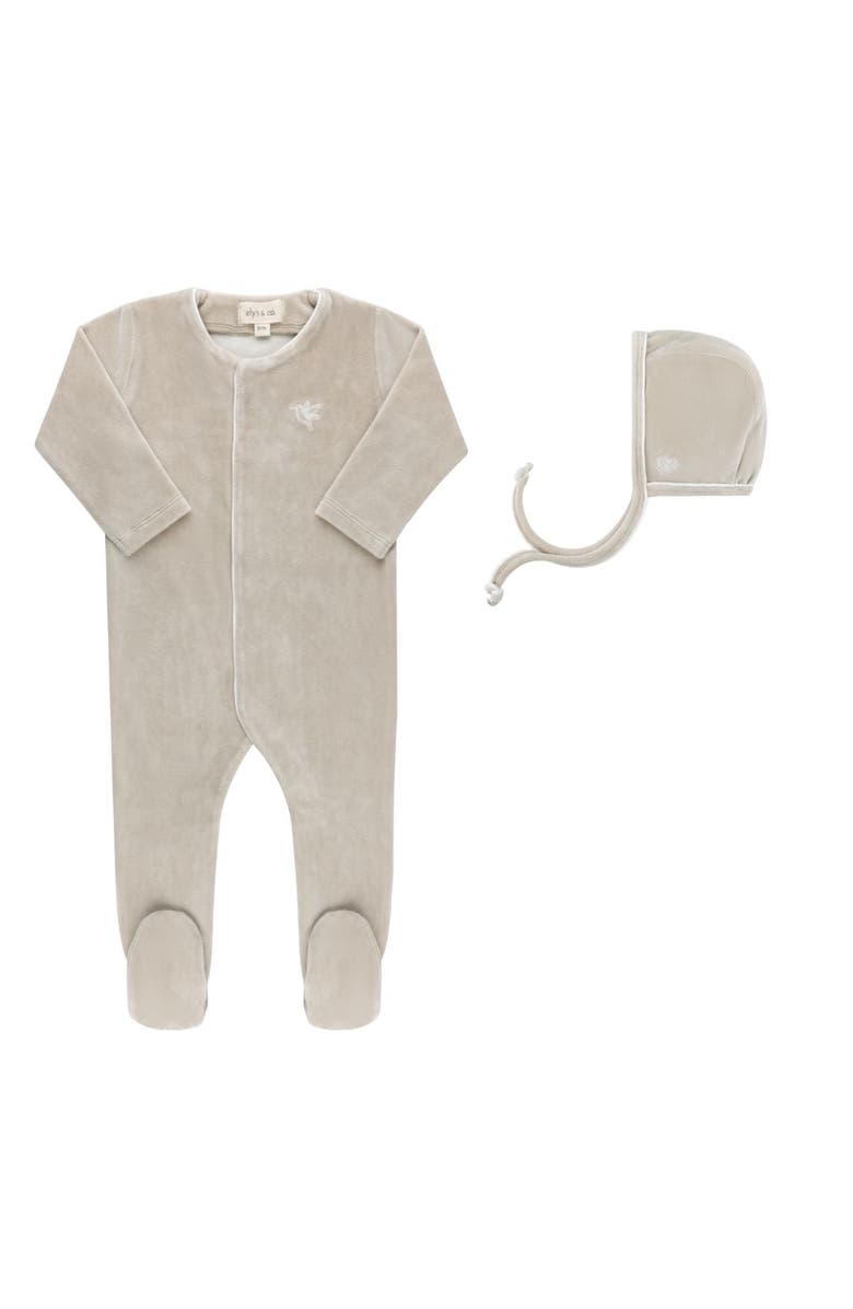 Ely's & Co. Velour Embroidered Bird & Butterfly Collection - Footie + Bonnet, Main, color, Taupe