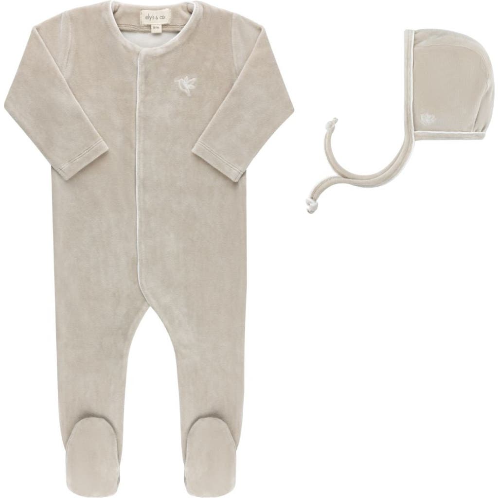 Ely's & Co. Velour Embroidered Bird & Butterfly Collection - Footie + Bonnet in Taupe