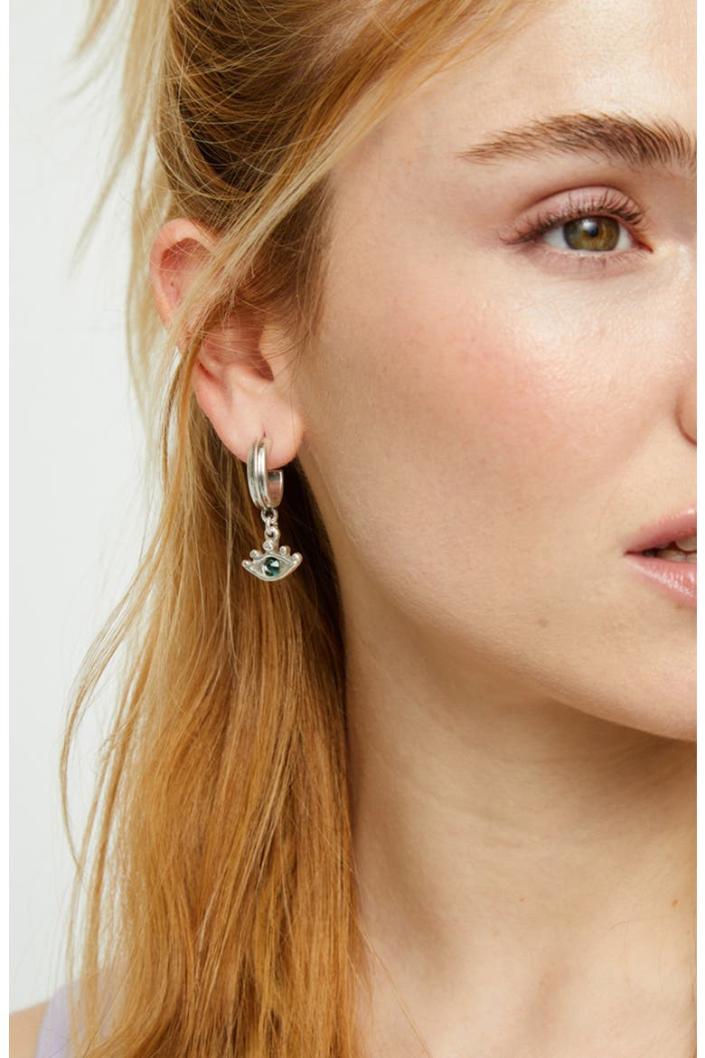 Silver Plated Hoop Earrings with Eye Detail with Green Faceted Crystal, Alternate, color, Silver