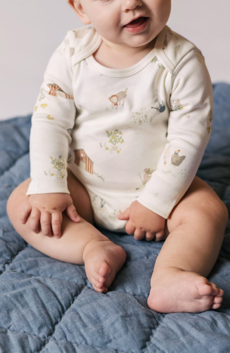Pehr Lap Shoulder Print Long Sleeve Organic Cotton Bodysuit, Alternate, color, On The Farm
