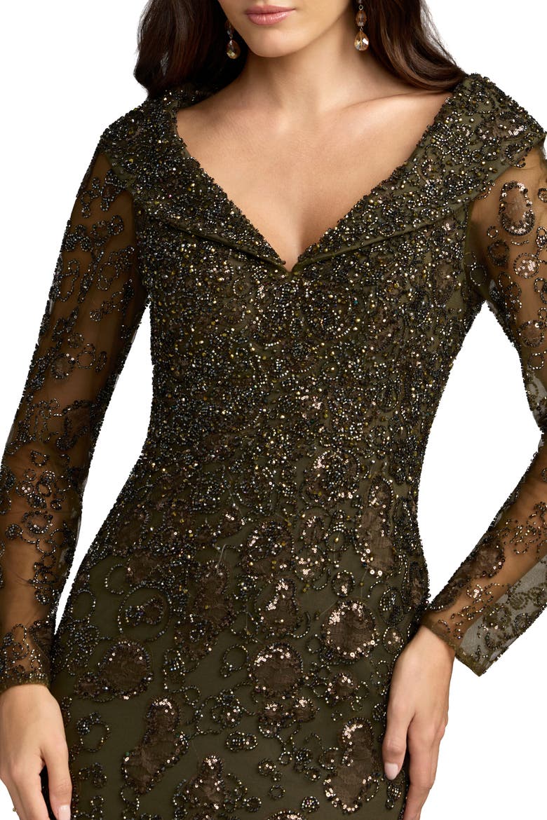 Portrait Collar Long Sleeve Embellished Gown, Alternate, color, Olive
