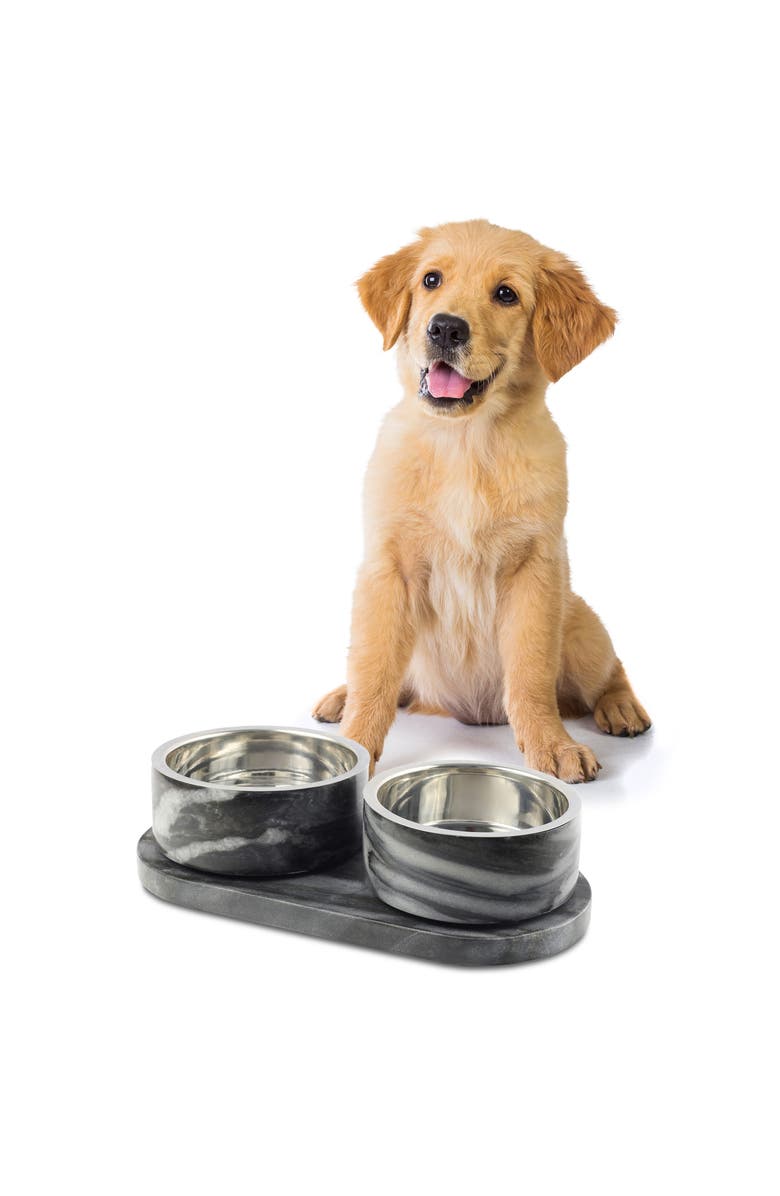 The Licker Store Marbre Small/Medium Modern Weighted Double Marble and Stainless Steel Bowl 12oz (1.5 Cups) Feeder with Non-Slip Marble Tray Set, Main, color, Black/White