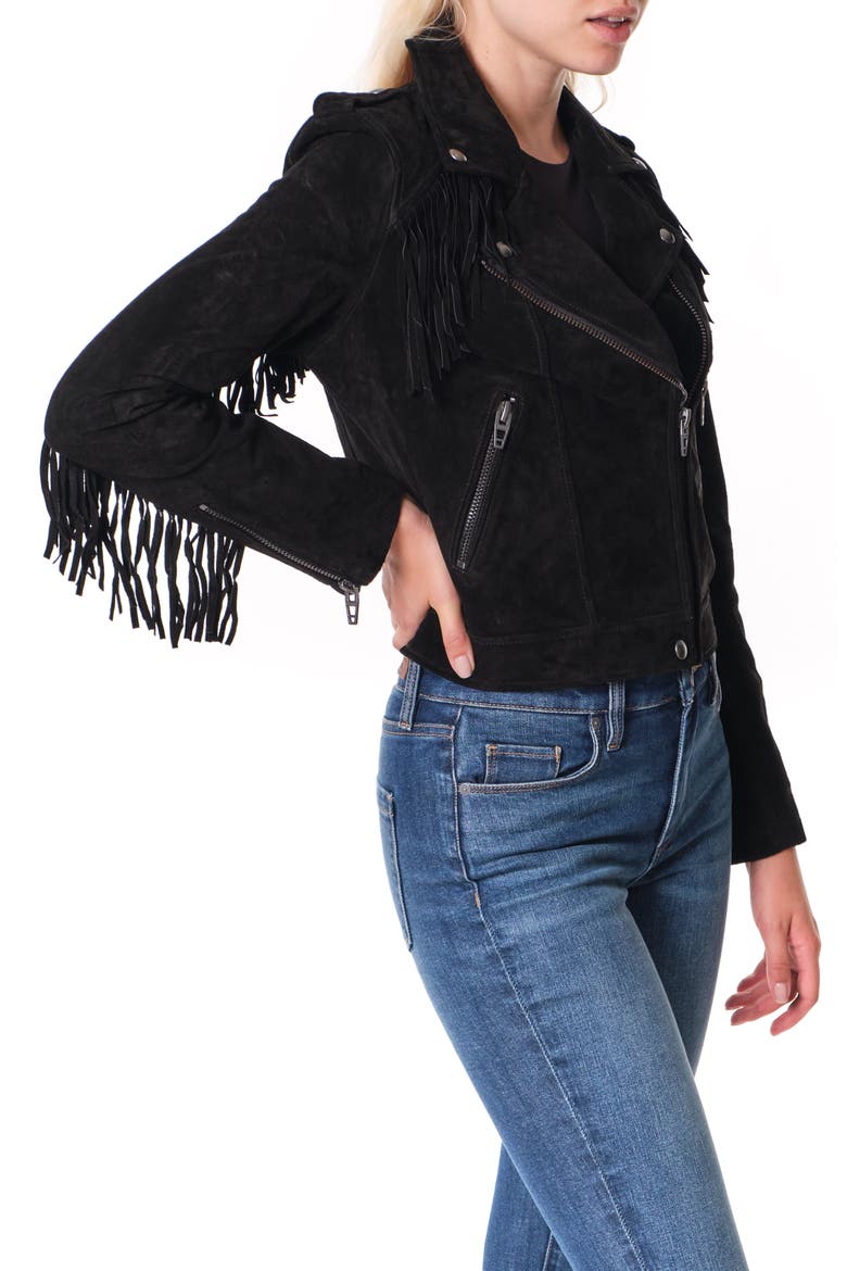 Fringe Trim Suede Moto Jacket, Alternate, color, BLACK
