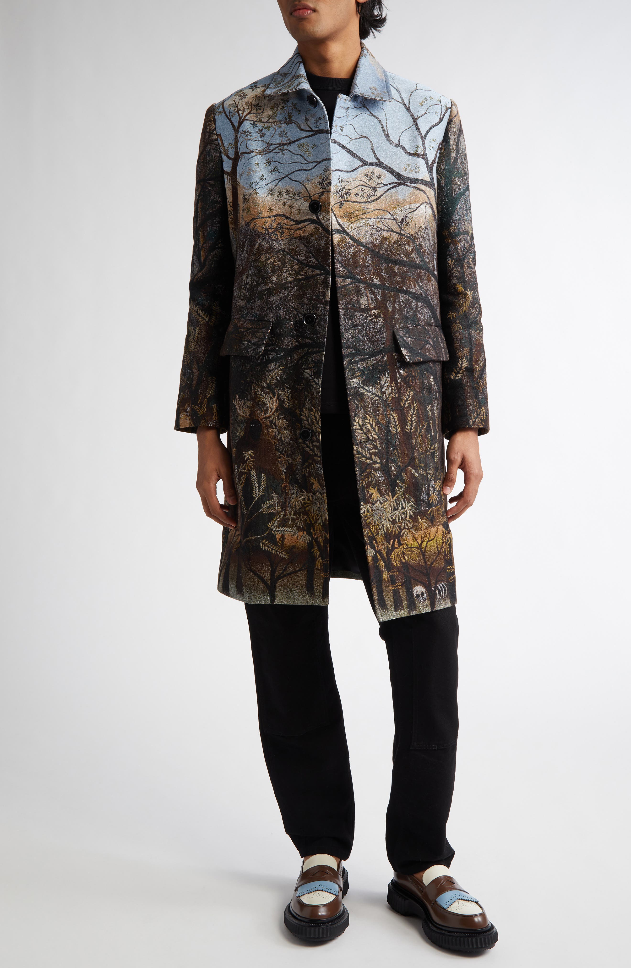 ENDLESS JOY Arcadia Cotton & Wool Jacquard Button-Up Overcoat in Black Multi 