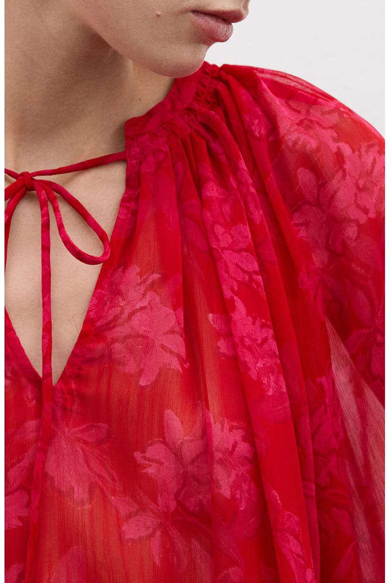 Floral Print Tie Neck Top, Alternate, color, RED