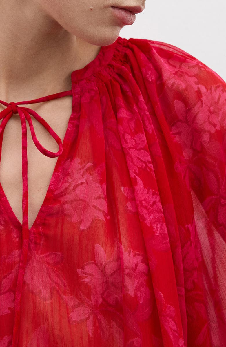 MANGO Floral Print Tie Neck Top, Alternate, color, Red