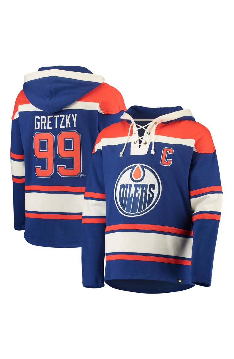 '47 Men's '47 Wayne Gretzky Royal Edmonton Oilers Retired Player Name & Number Lacer Pullover Hoodie, Main, color, 